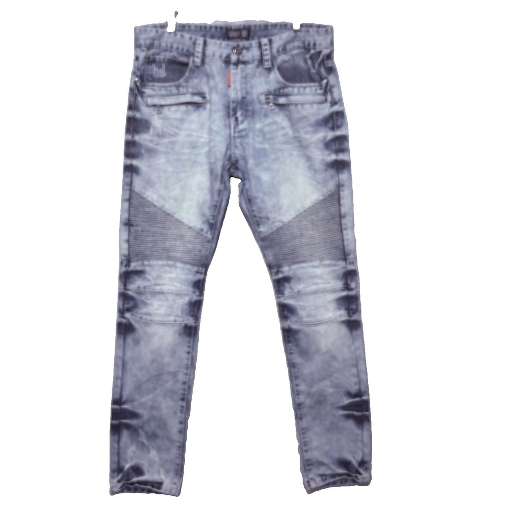 Square Zero Moto Biker Jeans Mens 34 Acid Wash Slim Taper Distressed Denim